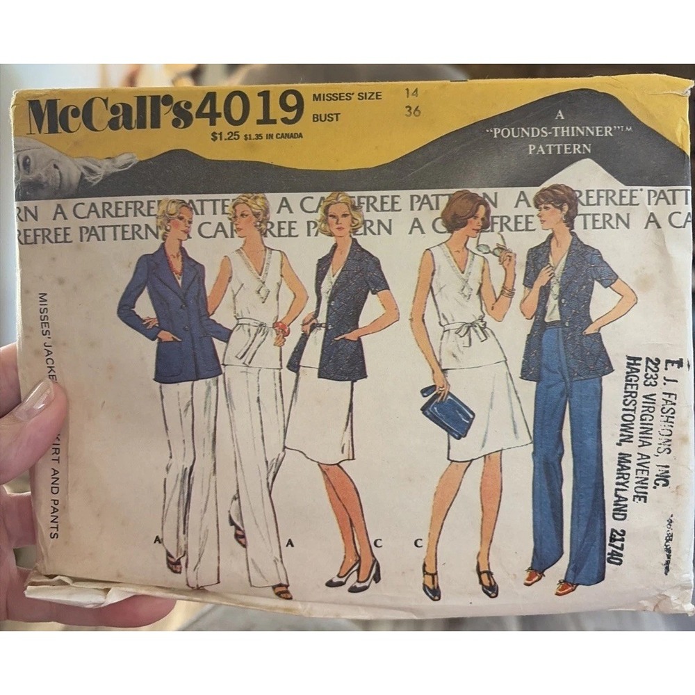 4019 Vintage McCalls SEWING Pattern Misses 1970s Jacket Skirt Top Pants 14 Uncut